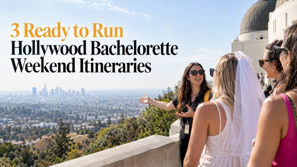 Bachelorette group touring a Hollywood landmark