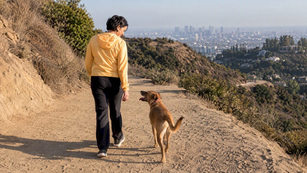 Dog and owner walking at Runyon Canyon