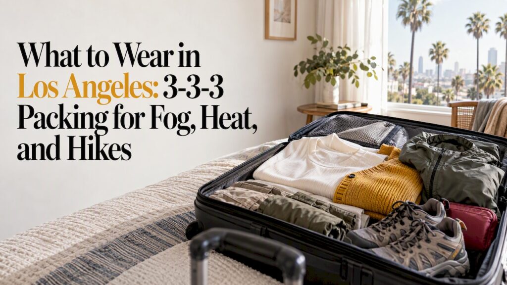 Suitcase packed with light layers and trail shoes