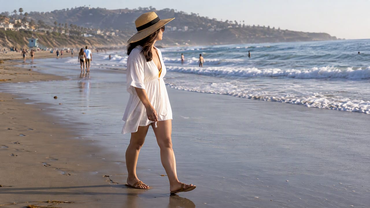 Beachgoer wearing a cover-up and sun hat